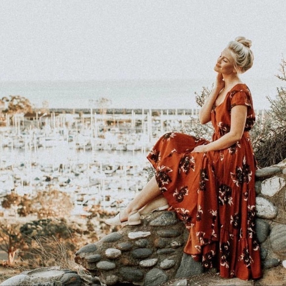 Free People “All I Got” Floral Tiered Pleated Maxi Dress Rust Red - Picture 2 of 16